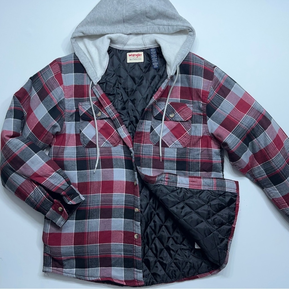 Wrangler Quilt Lined Flannel Shirt Jacket Mens Size Medium Hooded Plaid Shacket